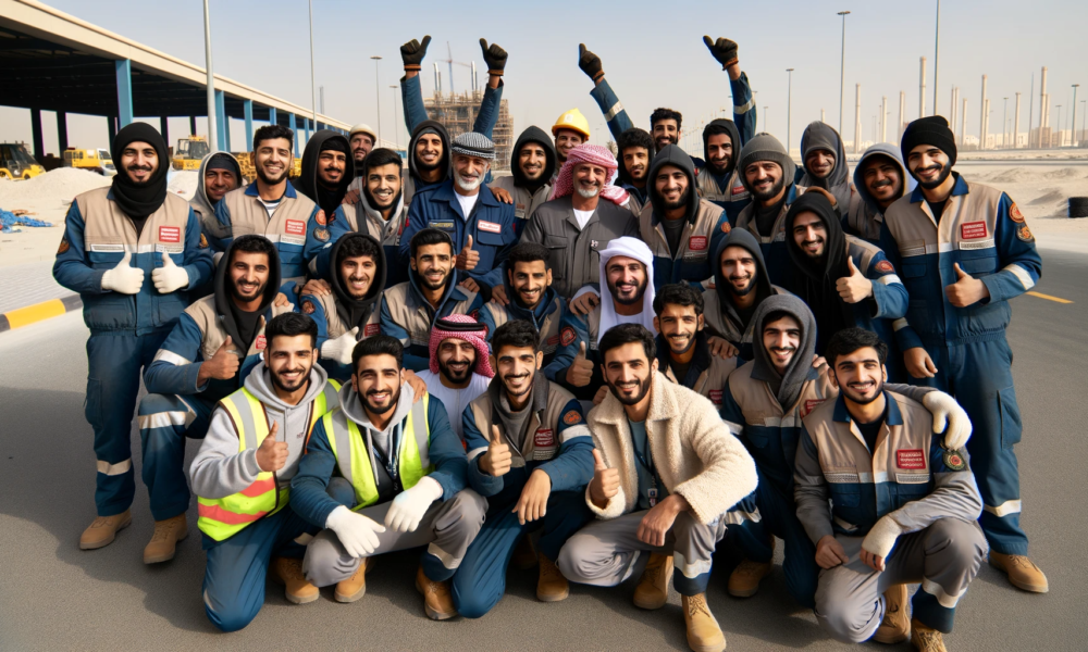 DALL·E 2024 01 10 18.19.30 a group photo of happy laborers wearing the winter clothing provided by the Dubai Police showcasing a sense of gratitude and community bonding. The i