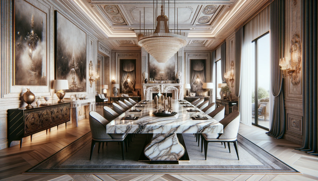 DALL·E 2024 01 10 19.31.17 an artistic representation of the dining area with the marble table as the centerpiece in Umesh Punias villa reflecting luxury and elegance. The ima