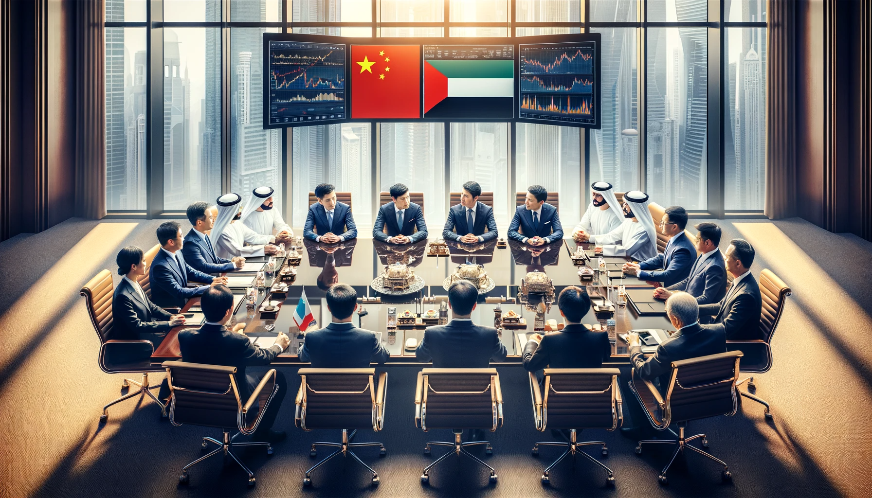 DALL·E 2024 01 10 21.30.28 a meeting between Chinese wealth managers and Dubai financial officials symbolizing the growing business collaboration. The image depicts a formal bu
