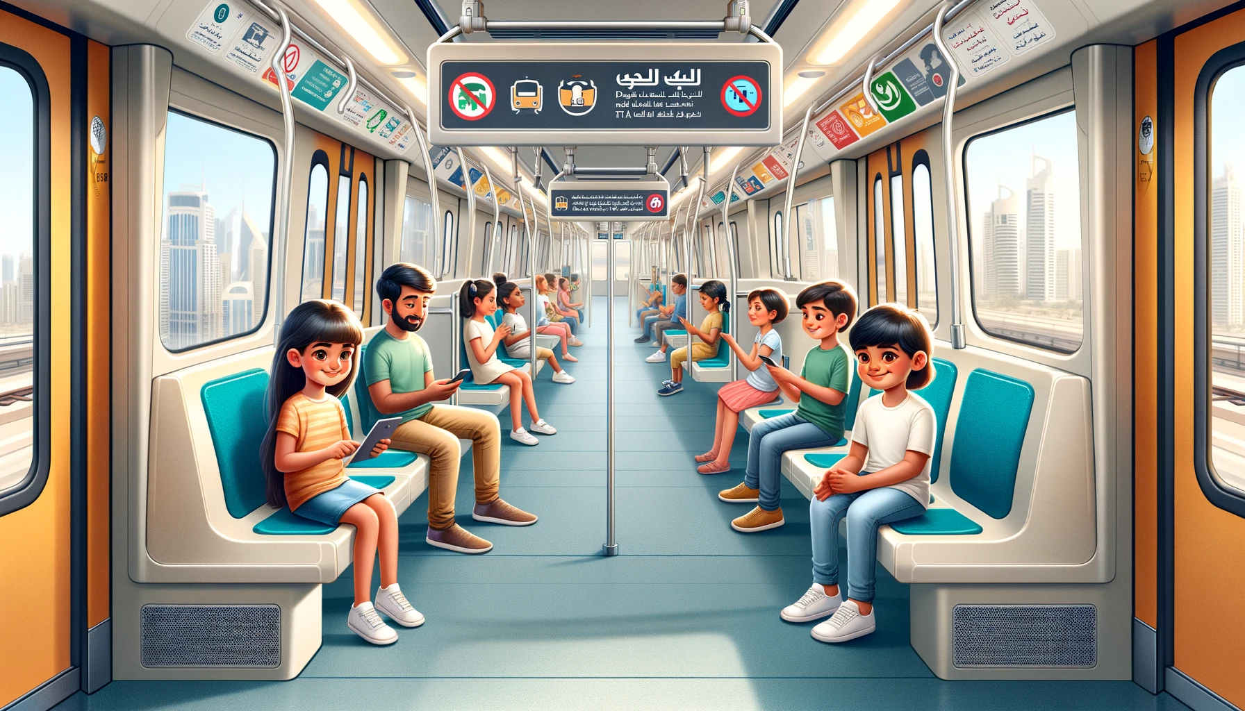 DALL·E 2024 01 11 17.18.26 An image showing children aged 8 11 traveling alone on a Dubai metro depicting them sitting inside the metro with safety measures in place. The child