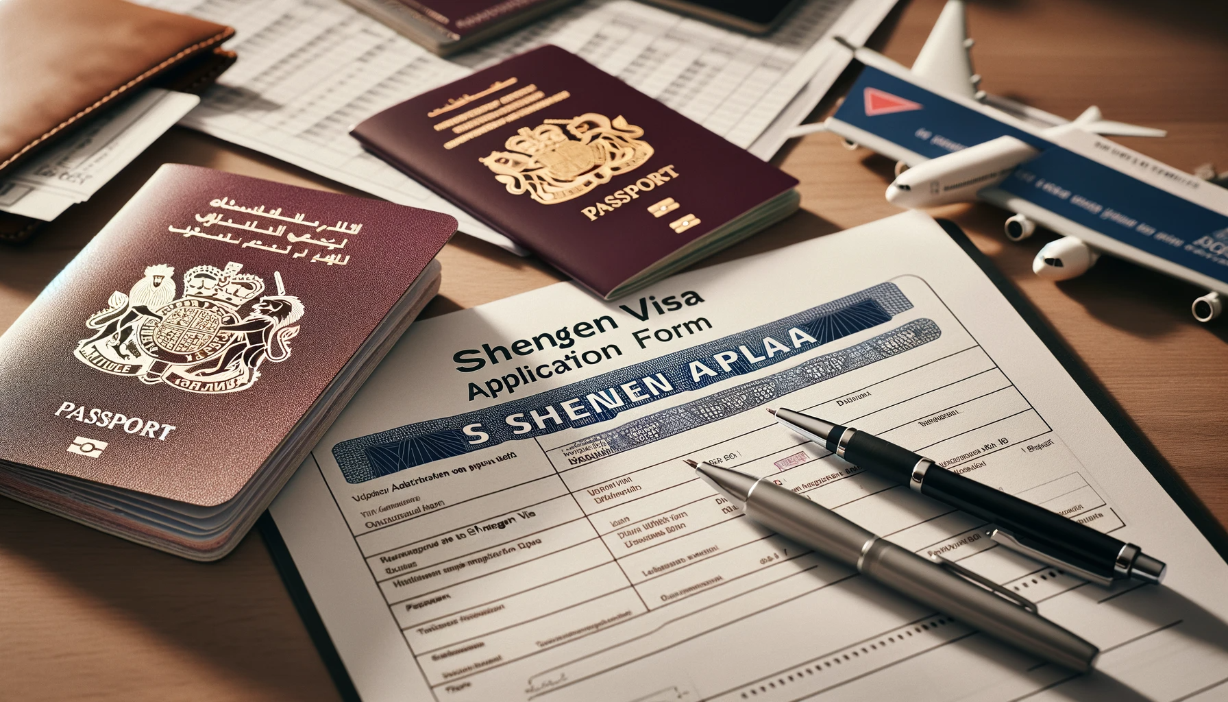 DALL·E 2024 01 12 19.58.14 A close up photo of a Schengen visa application form filled out with a pen alongside a passport and a flight itinerary. The scene includes a desk wit