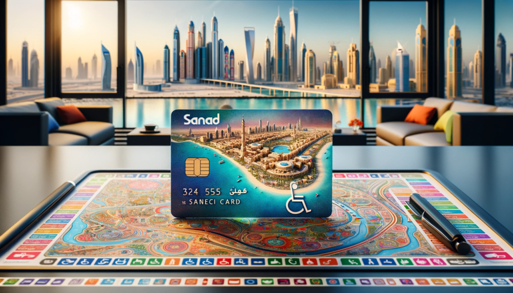 DALL·E 2024 01 12 22.33.32 A widescreen image showing a Sanad card alongside a tourist map of Dubai. The image presents a panoramic view with the Sanad card and a colorful deta