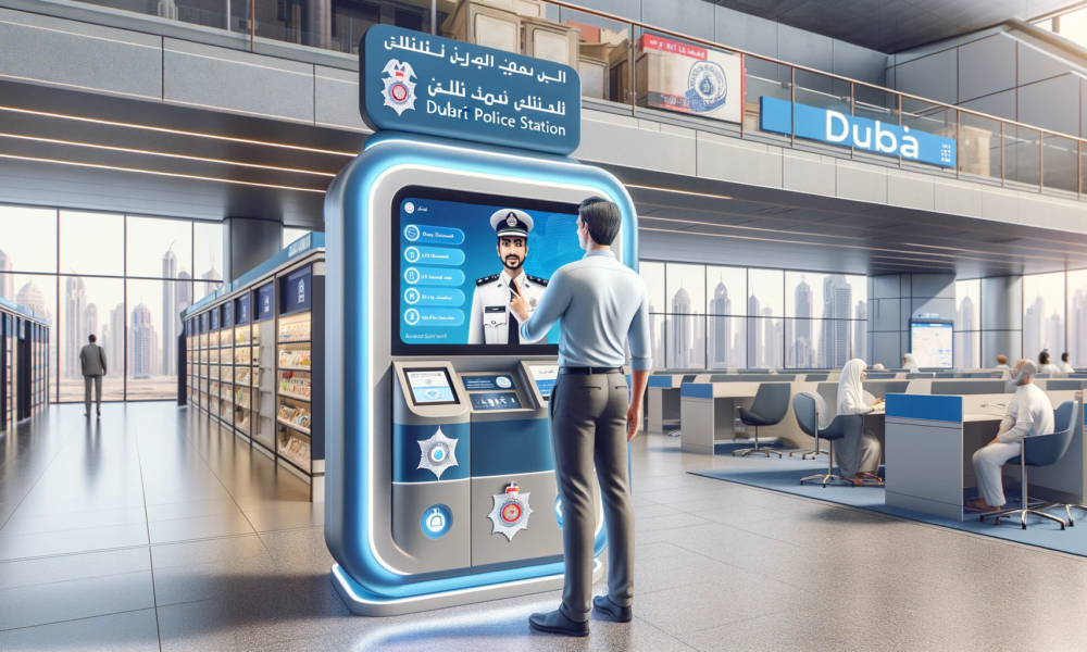 DALL·E 2024 01 13 17.36.20 An illustration showing a resident in Dubai using a self service kiosk at a Smart Police Station. The resident is interacting with a virtual police of