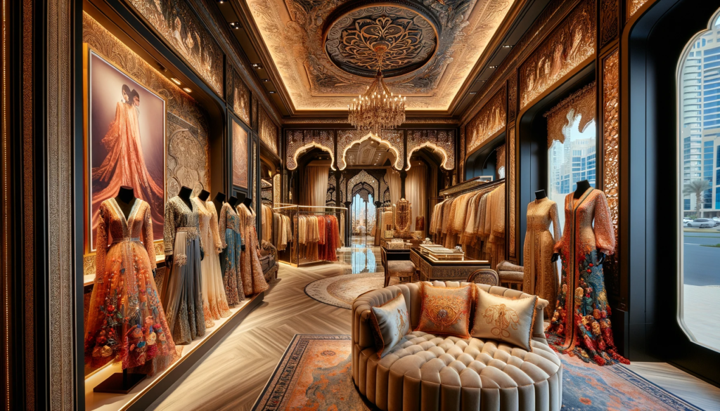 DALL·E 2024 01 13 19.19.54 An elegant boutique in Dubai displaying Manish Malhotras luxury collection. The interior of the boutique is lavish and sophisticated with a selectio