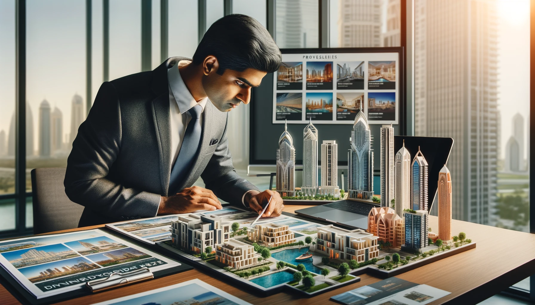 DALL·E 2024 01 13 21.44.12 An Indian investor reviewing property portfolios in Dubai. The image shows a person looking at various property listings and architectural models of D
