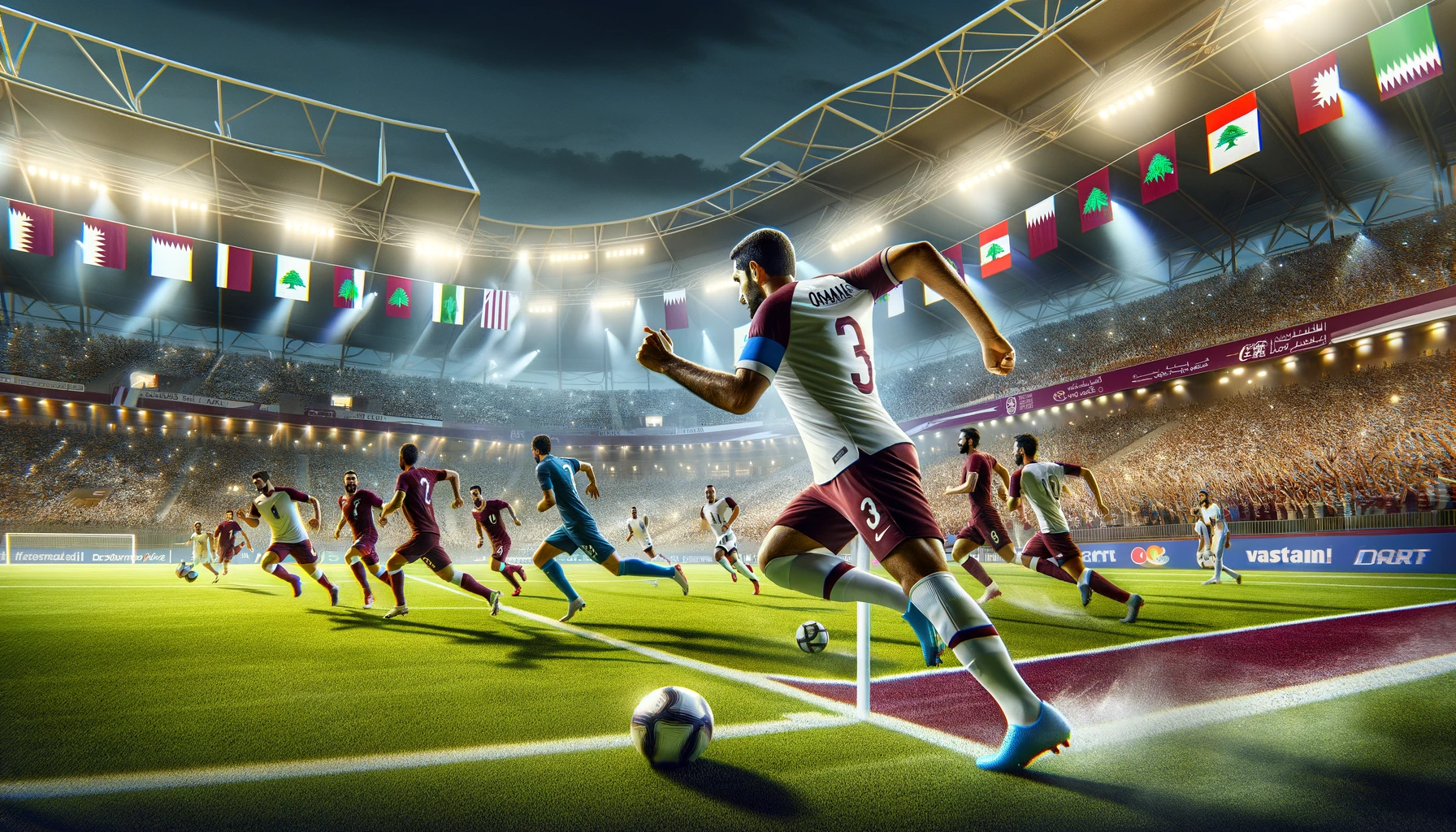 DALL·E 2024 01 14 16.07.34 A dynamic and exciting football match scene between Qatar and Lebanon at the Lusail Stadium showcasing players in action on the field. The stadium is