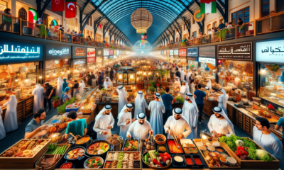 DALL·E 2024 01 14 22.07.11 An image of a bustling food market in Dubai showcasing local culinary businesses. The scene is vibrant and colorful featuring a variety of food stal