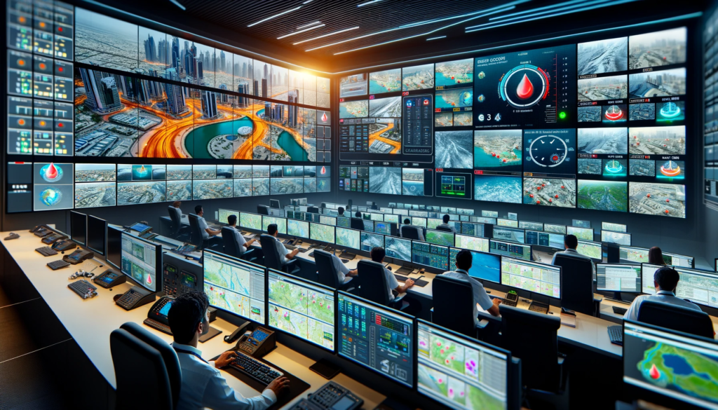 An-advanced-control-room-with-multiple-screens-displaying-heat-maps-and-live-footage-of-flooded-streets-in-Dubai.-The-room-is-bustling-with-operators