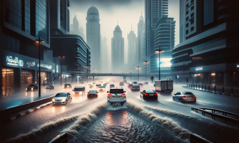 DALL·E 2024 01 15 14.44.42 A busy street in Dubai during heavy rain showing cars navigating through waterlogged roads. The scene captures the intensity of the rain with large