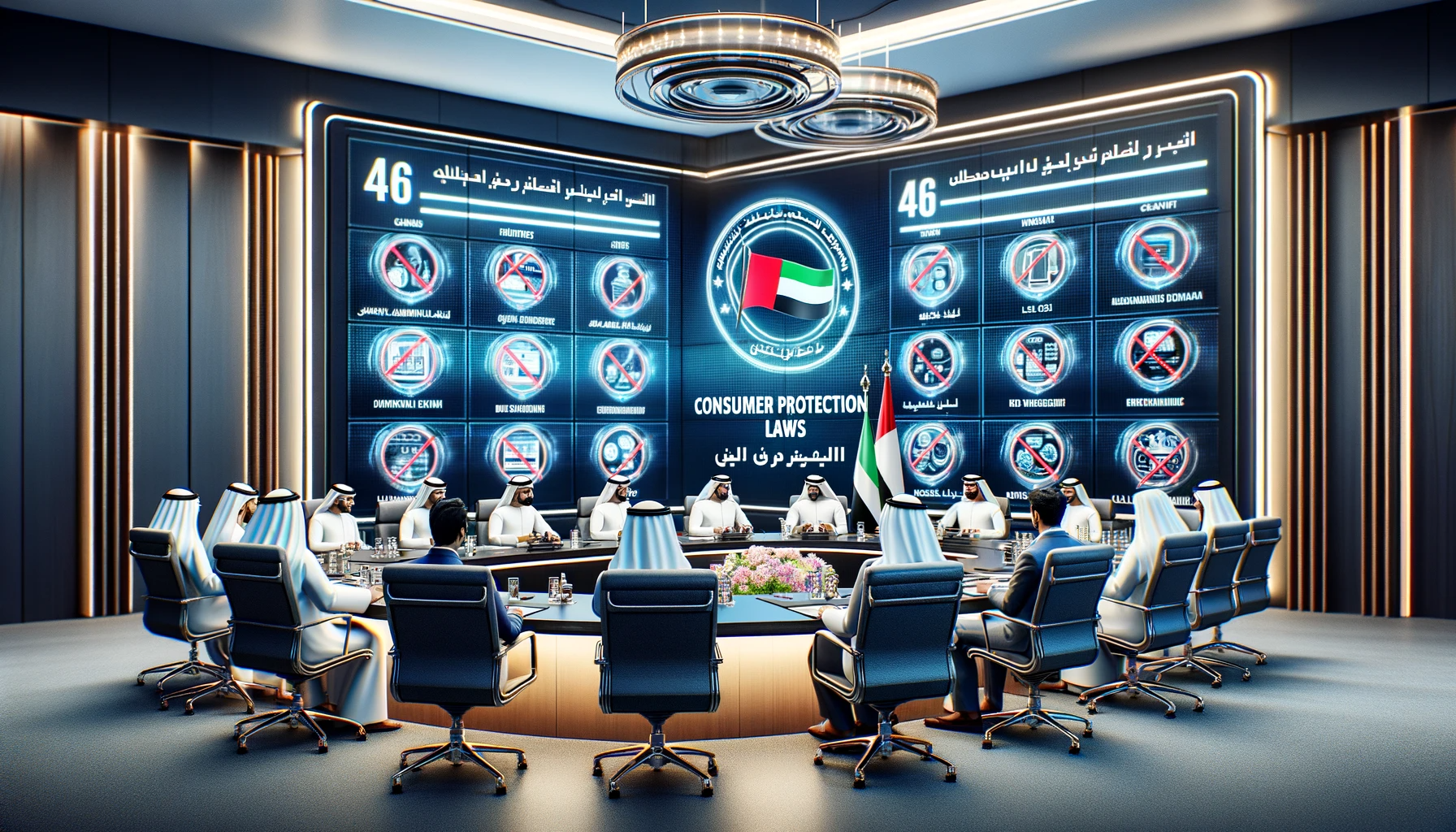 DALL·E 2024 01 15 14.55.01 A modern conference room setting with UAE government officials discussing consumer protection laws. The room is equipped with a large screen displayin
