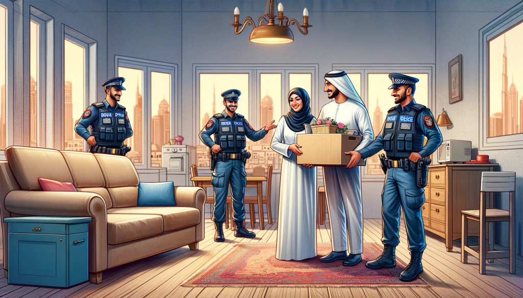 DALL·E 2024 01 15 15.45.09 A depiction of Dubai Police officers presenting household items to a newlywed couple in their home. The officers in uniform should be handing over e