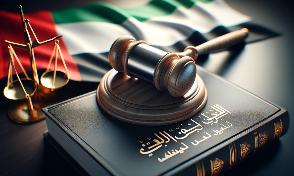 DALL·E 2024 01 15 16.06.41 A conceptual image representing the UAEs commitment to law and order. The image should feature a gavel and a code of laws symbolizing the judicial s