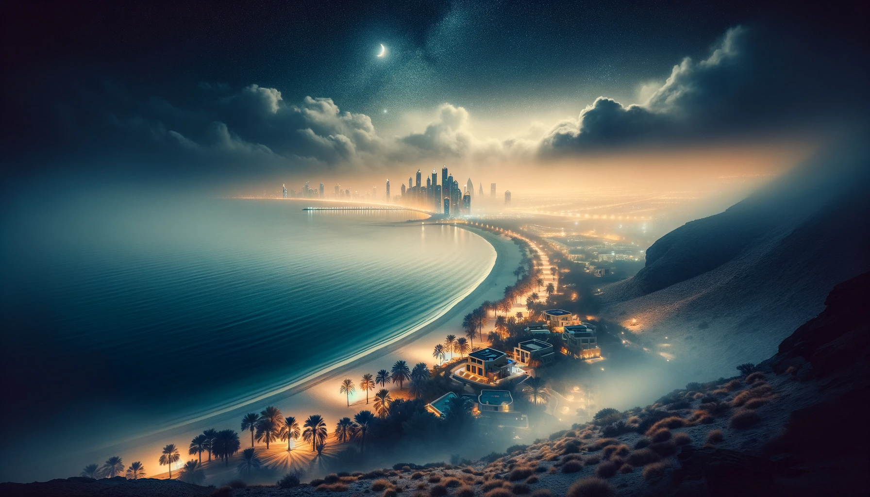 DALL·E 2024 01 15 21.58.38 A picturesque view of a UAE coastal area at night with fog gently rolling in. The scene should depict the coast with a gentle sea and the fog slowly