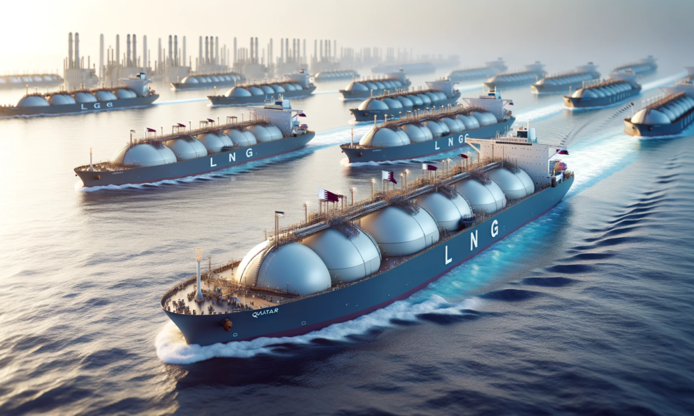 DALL·E 2024 01 15 22.36.53 An image depicting LNG tankers in the sea symbolizing Qatars LNG fleet. The scene should show several large LNG tankers navigating through ocean wat