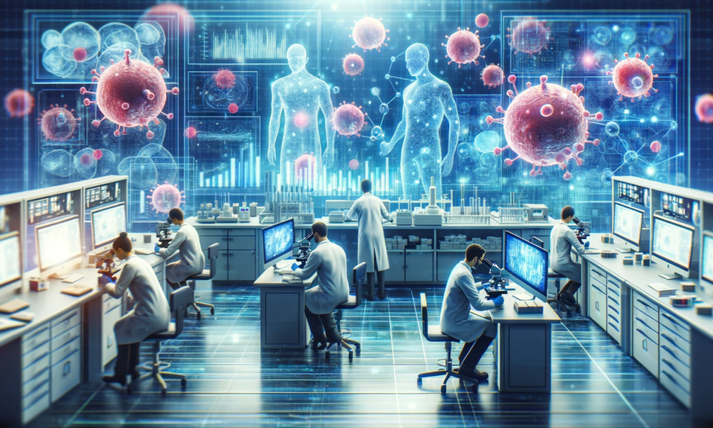 DALL·E 2024 01 15 22.59.02 A depiction of a research laboratory showcasing scientists working on expanding and studying ILC2 cells. The scene should include researchers in lab