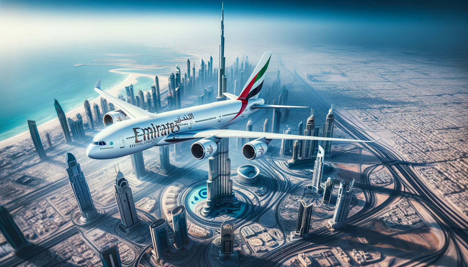 DALL·E 2024 01 17 17.18.24 An aerial view of Dubai showcasing the Emirates Airlines plane flying over the city. The image captures the plane with the Emirates logo clearly visib