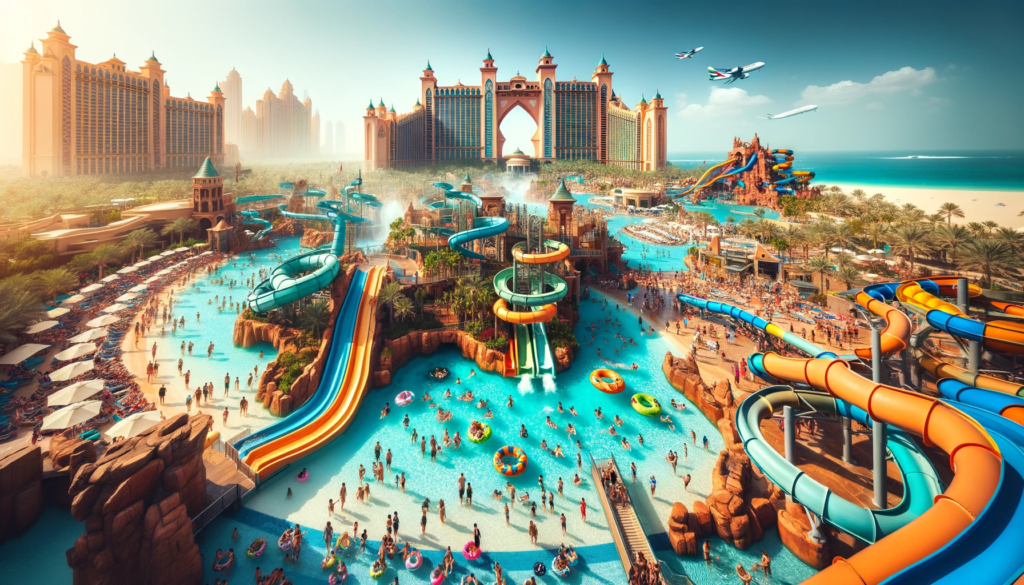 DALL·E 2024 01 17 17.18.27 An image showcasing the Atlantis Aquaventure Waterpark in Dubai one of the attractions offered by Emirates Airlines. The waterpark is bustling with a