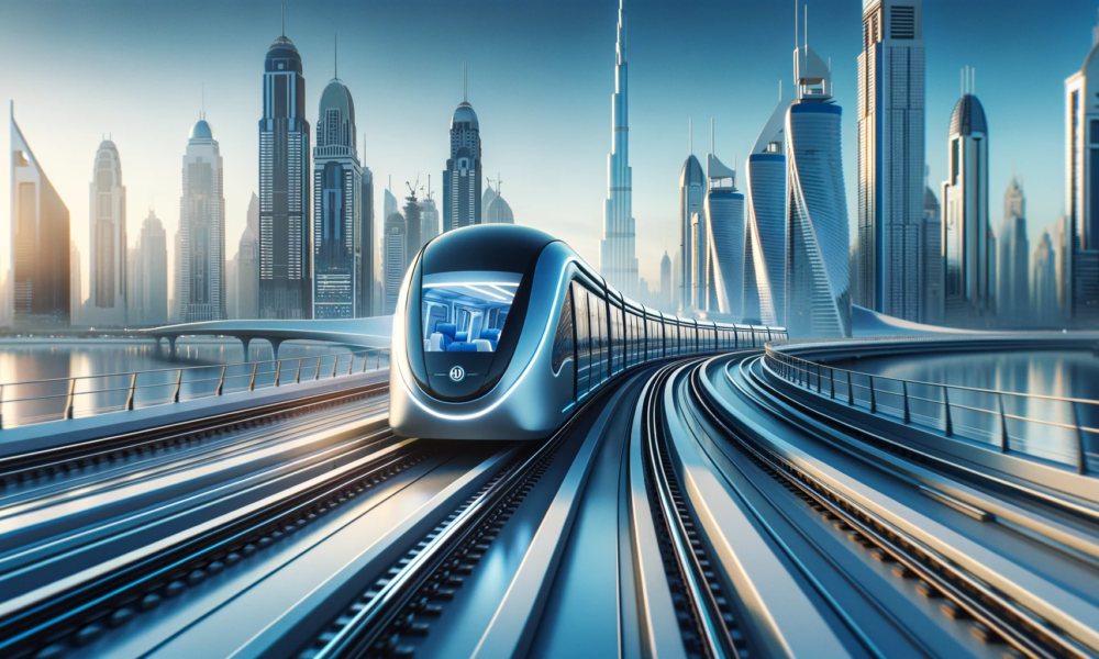 DALL·E 2024 01 17 17.52.11 A futuristic concept of Dubais Blue Line metro showcasing a sleek and modern metro train. The image captures the train in motion along a state of th