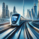 DALL·E 2024 01 17 17.52.11 A futuristic concept of Dubais Blue Line metro showcasing a sleek and modern metro train. The image captures the train in motion along a state of th