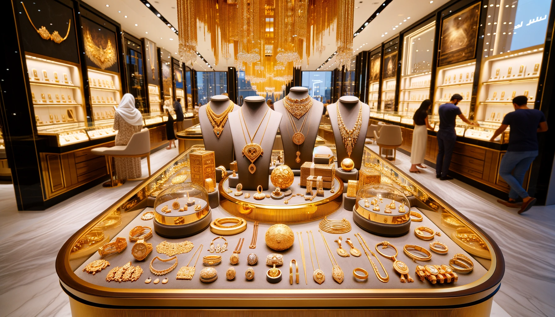 DALL·E 2024 01 17 23.05.15 A display of various gold jewelry items in a luxury store in the UAE reflecting the drop in gold prices. The jewelry includes necklaces bracelets a