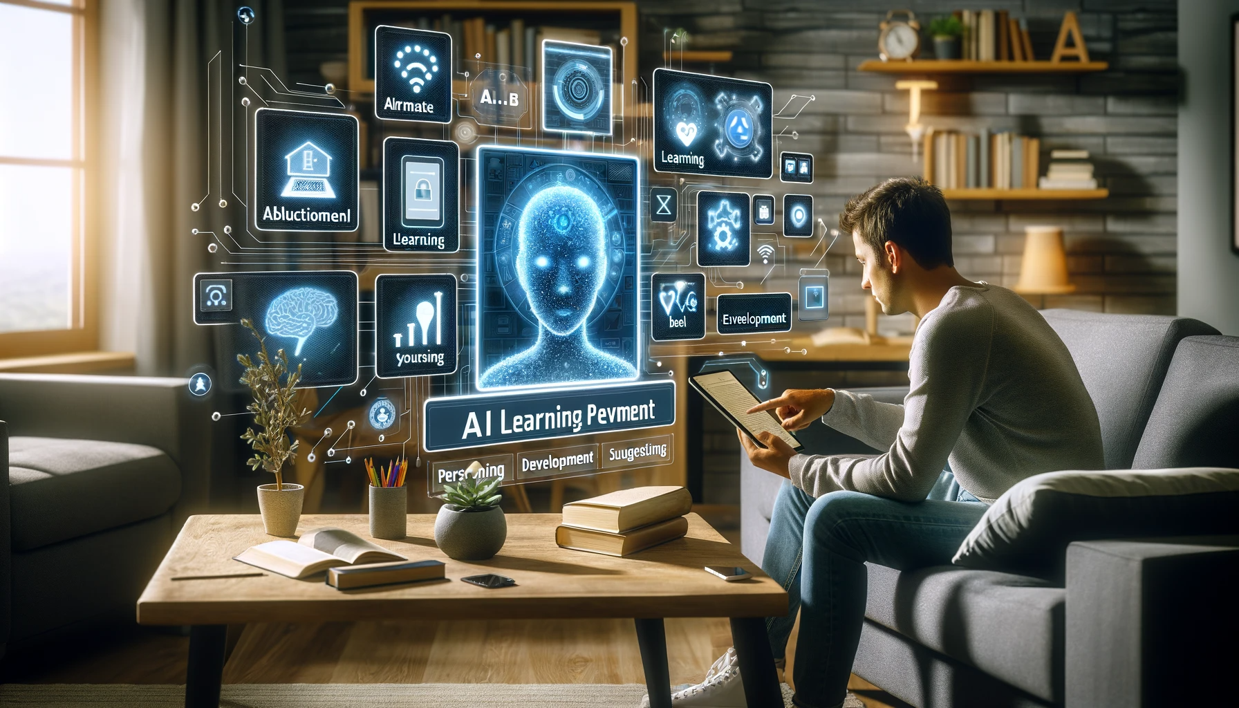 DALL·E 2024 01 18 16.26.59 An image of a person at home using AI enabled devices for personal development and learning. The individual is interacting with a smart display showin