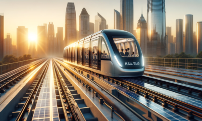 DALL·E 2024 01 19 12.54.35 Create a realistic image of a state of the art rail bus traveling on an elevated track during sunrise in a modern cityscape. The design of the rail bu