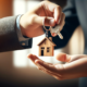 DALL·E 2024 01 19 14.42.10 Create a realistic image of two people exchanging a house key where one person is handing over a keychain with a wooden house shaped keyring to anoth