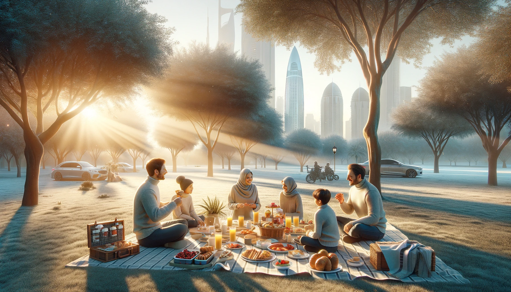 DALL·E 2024 01 19 15.55.26 Create a realistic image depicting a family enjoying a breakfast outdoors in a UAE park during winter. The setting should convey a relaxed morning atm