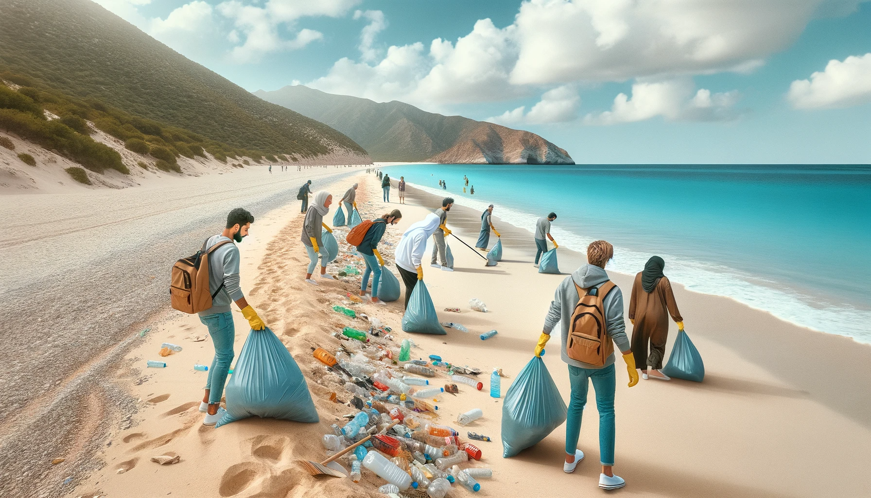 DALL·E 2024 01 19 20.58.19 Create a realistic image of a group of people participating in a beach clean up in a remote area of the UAE. The volunteers should be wearing gloves a