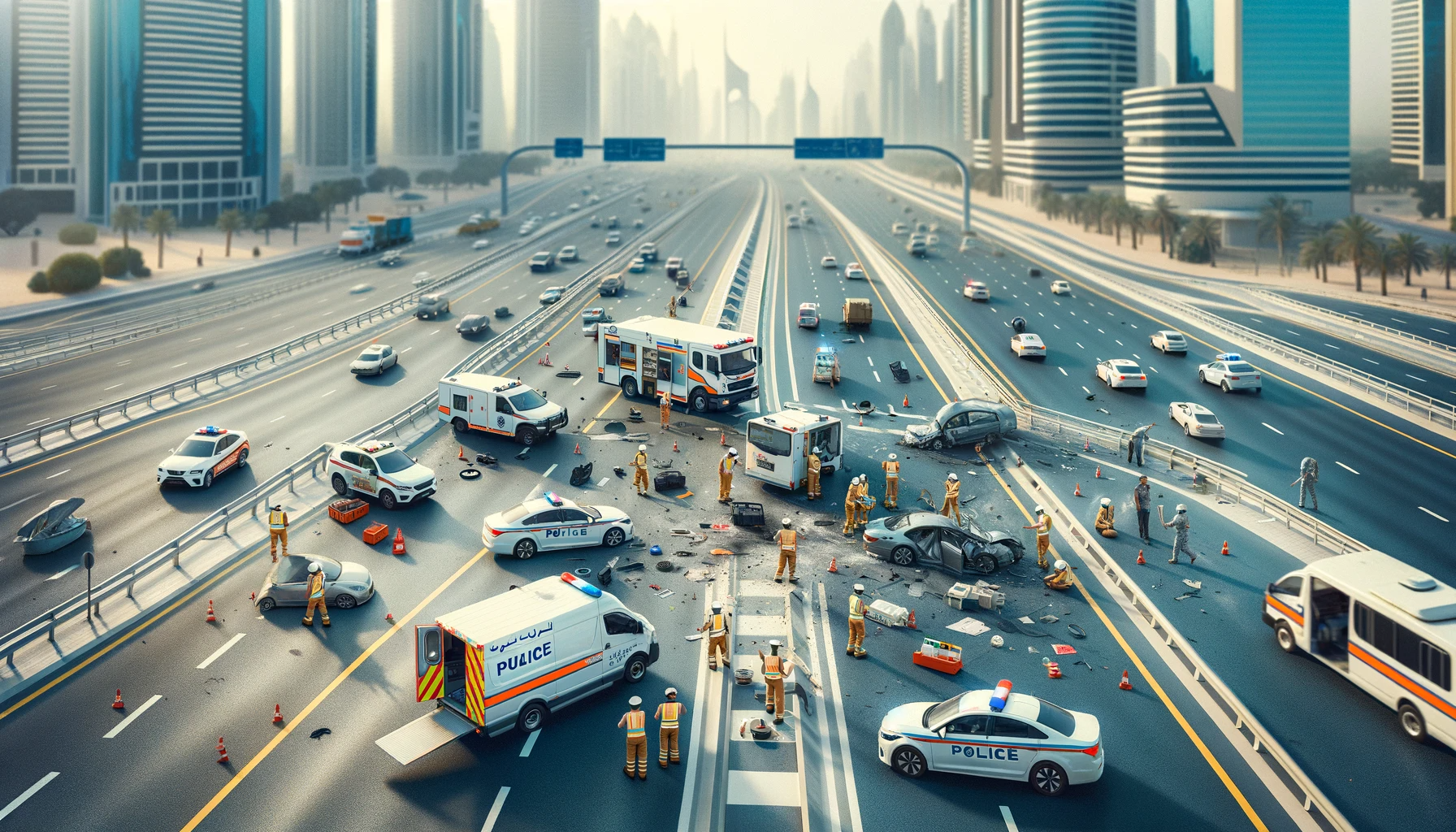 DALL·E 2024 01 20 13.33.11 Create a realistic image of the aftermath of a minor road traffic accident on Sheikh Zayed Road in Dubai during daylight. The focus should be on the D