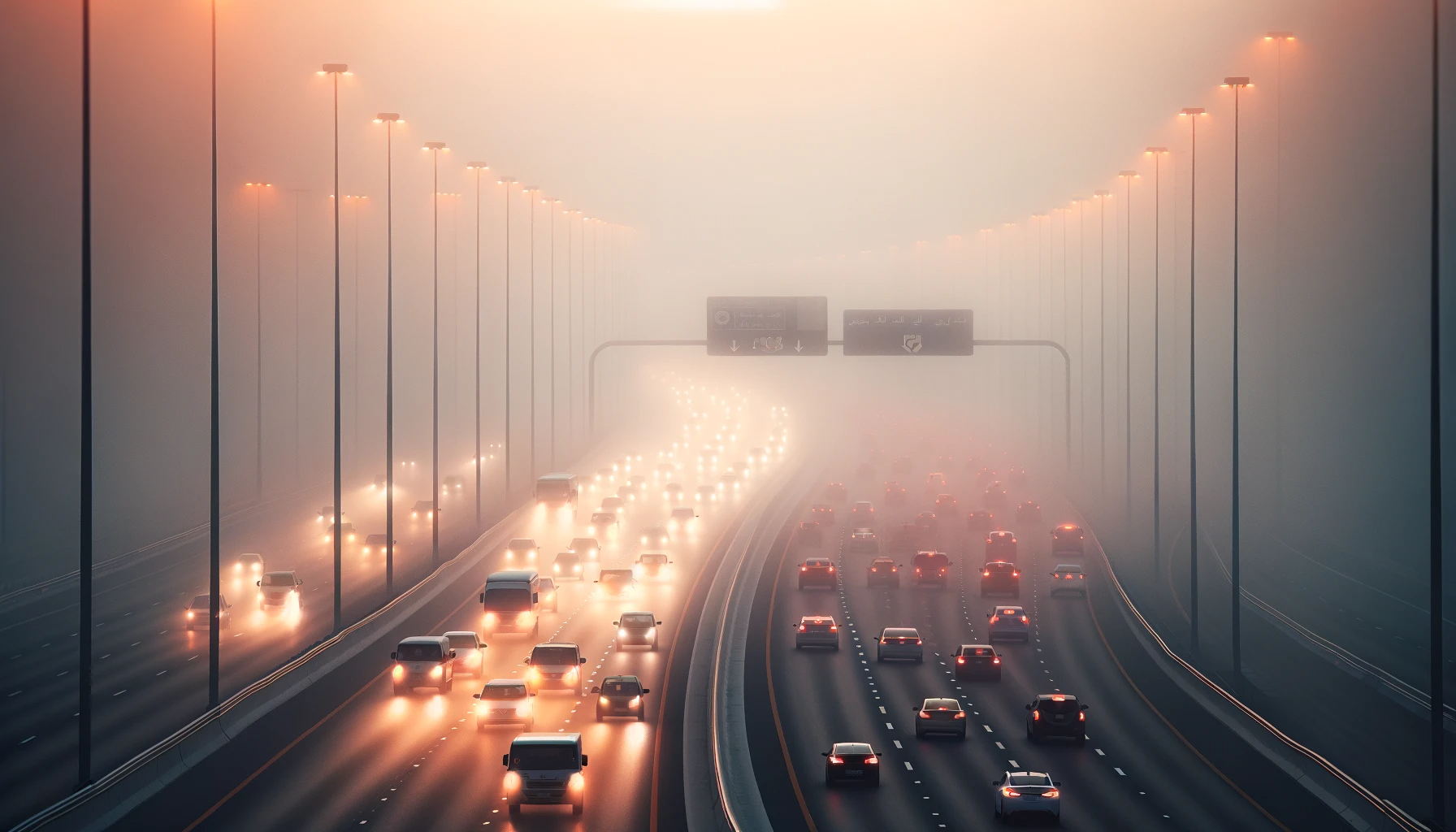 DALL·E 2024 01 22 19.03.43 Image 1 Early morning traffic on a UAE highway enveloped in dense fog. Cars have their headlights and fog lights on for safety as visibility is grea