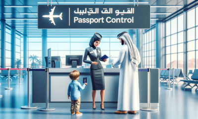 DALL·E 2024 01 22 22.34.45 Create an image of a modern airport passport control area. There should be a dedicated counter labeled Childrens passport control with a friendly f