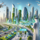 DALL·E 2024 01 23 16.39.24 Create a futuristic cityscape image that blends modern skyscrapers with green spaces. Include elements of advanced technology such as charging station