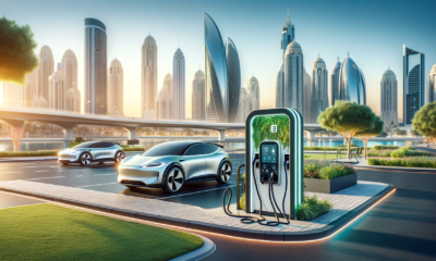 DALL·E 2024 01 24 16.11.24 Create an image showcasing the electric vehicle charging stations in Sharjah. The scene includes modern sleek EV charging stations located in a well