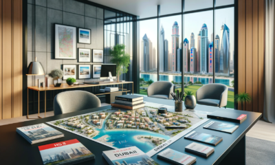 DALL·E 2024 01 24 22.47.10 An image depicting a real estate office in Dubai with a map of property locations and various real estate brochures on a table. The office should hav