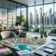 DALL·E 2024 01 24 22.47.10 An image depicting a real estate office in Dubai with a map of property locations and various real estate brochures on a table. The office should hav