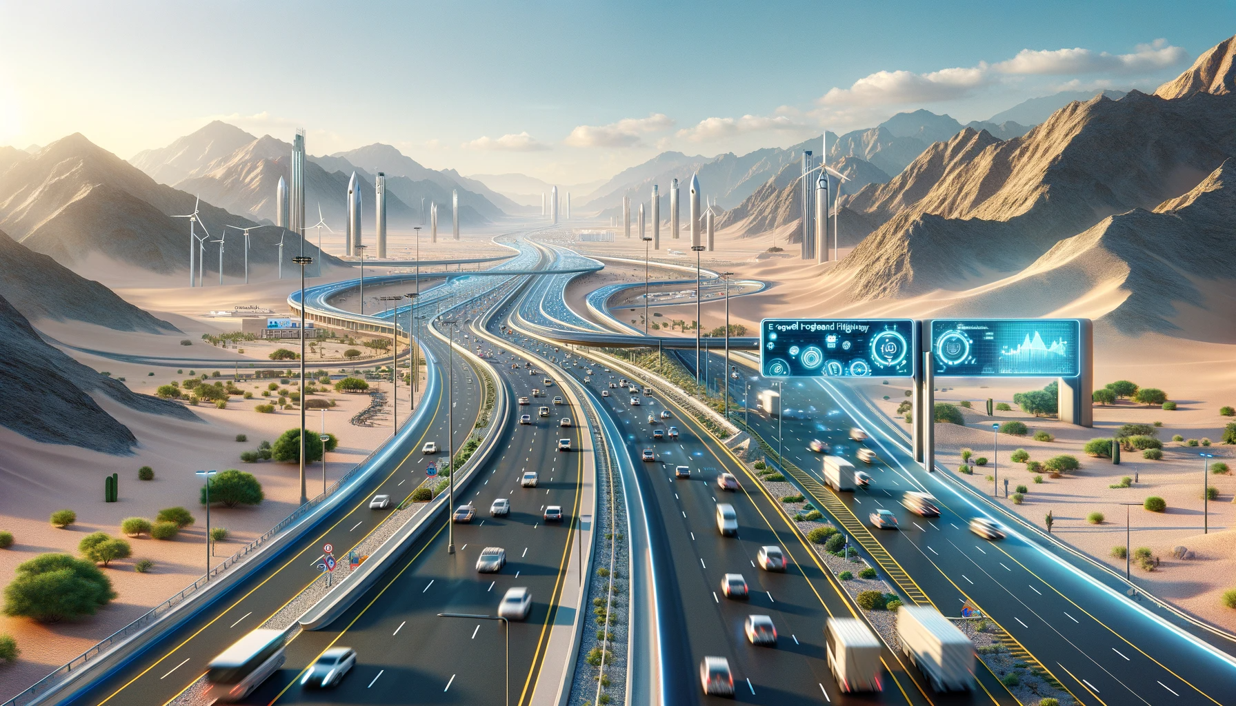 DALL·E 2024 01 25 13.29.12 A realistic and detailed illustration of a proposed new federal highway in the United Arab Emirates showing a modern multi lane road with advanced t