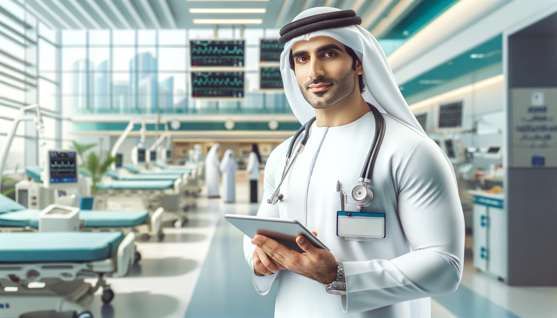 DALL·E 2024 01 25 15.37.08 A realistic portrayal of an Emirati healthcare professional in Abu Dhabis hospital setting. The image shows a confident and skilled Emirati doctor or