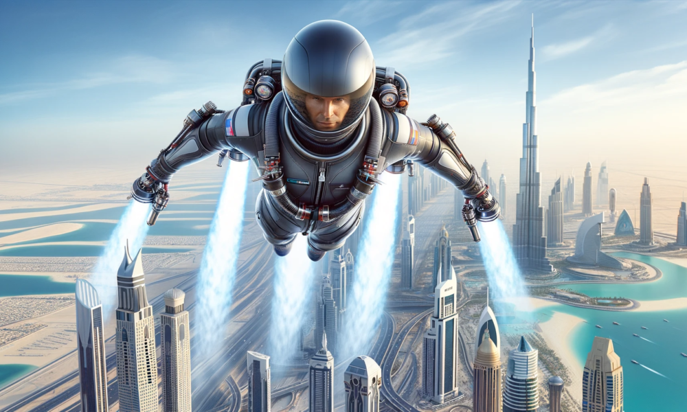 DALL·E 2024 01 26 12.13.25 A highly detailed and realistic image of a jet suit pilot flying above the Dubai skyline with the pilots face visible. The pilot is wearing a modern