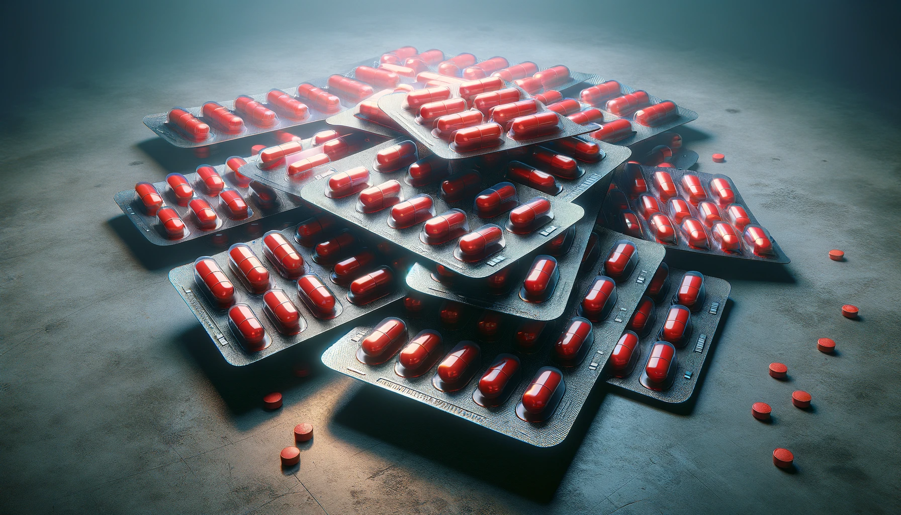 DALL·E 2024 01 29 16.17.22 Create an image showing several blister packs of red pills arranged on a grey surface. The blister packs are partially opened revealing the pills ins