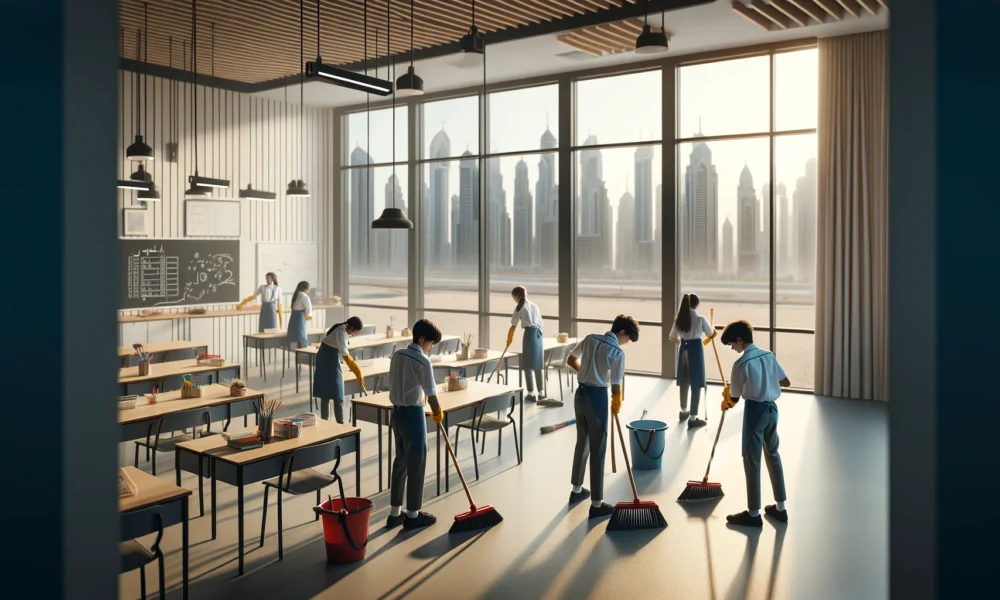DALL·E 2024 02 02 11.17.23 Create an image showing a few students in school uniforms cleaning a classroom in Dubai. They are each using cleaning tools like brooms and cloths. Th